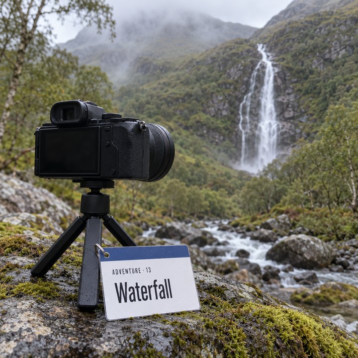A camera on a mini tripod beside the Steall Falls in Glen Nevis, with the Waterfall sheet leaning against the tripod leg