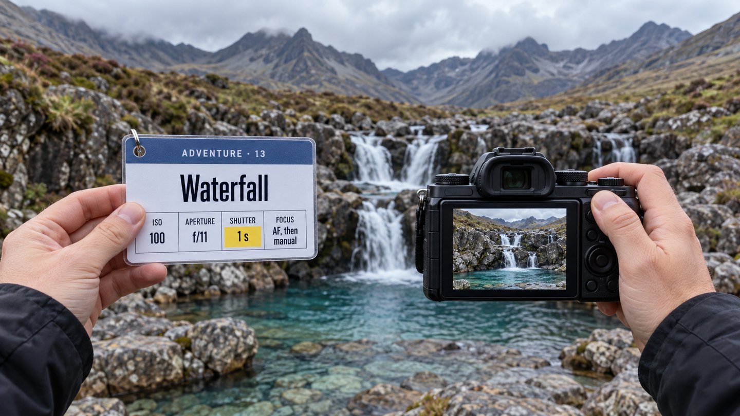 Hands holding a camera in front of the Fairy Pools on Skye, with a Waterfall cheat sheet showing four numbers in the other hand