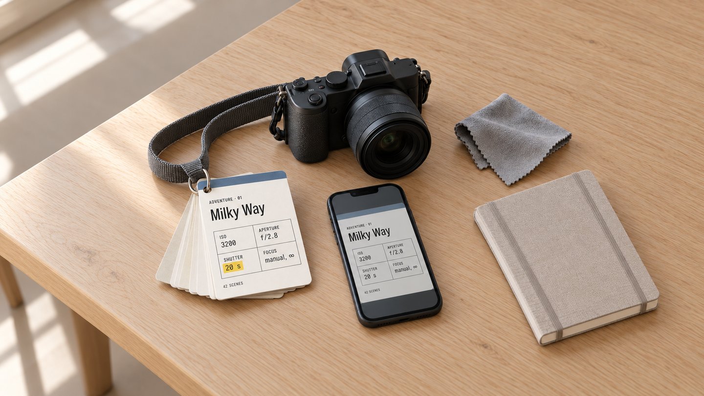 42 Adventure Sheets: laminated cards on a key ring next to a camera and a phone showing a sheet